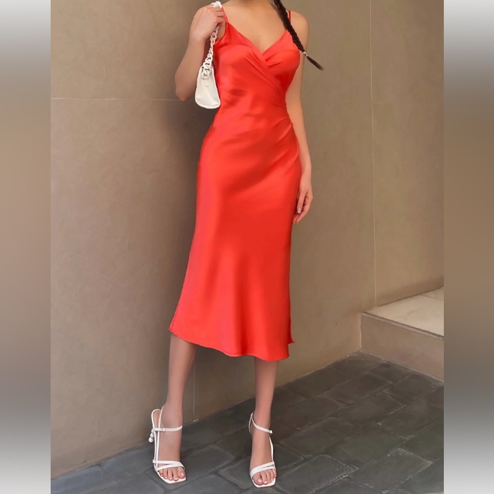 Red Satin Midi Dress